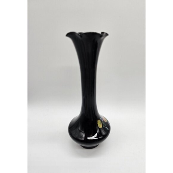 Vintage Black Glass 8" Bud Vase With Handpainted Flowers Floral Design Boho - Picture 2 of 7